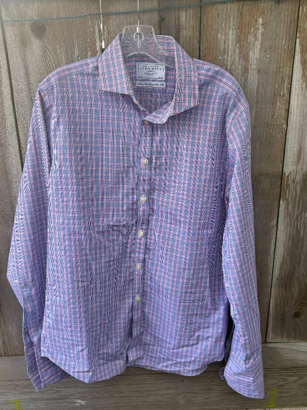 Charles Tyrwhitt Extra Slim Fit French Cuff Plaid Shirt 16/35 Blue Pink